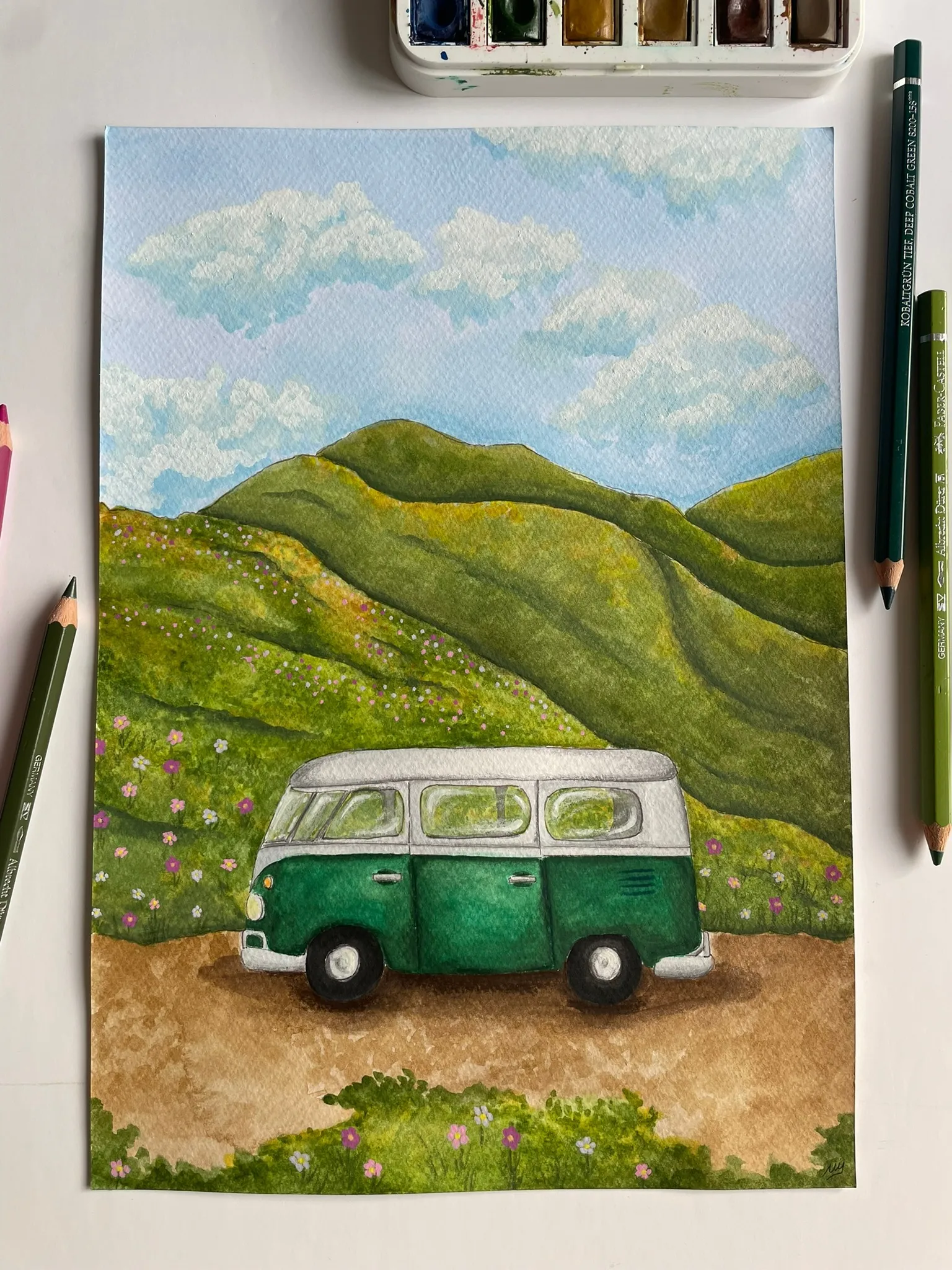 Aquarelle d'un paysage et d'une maison